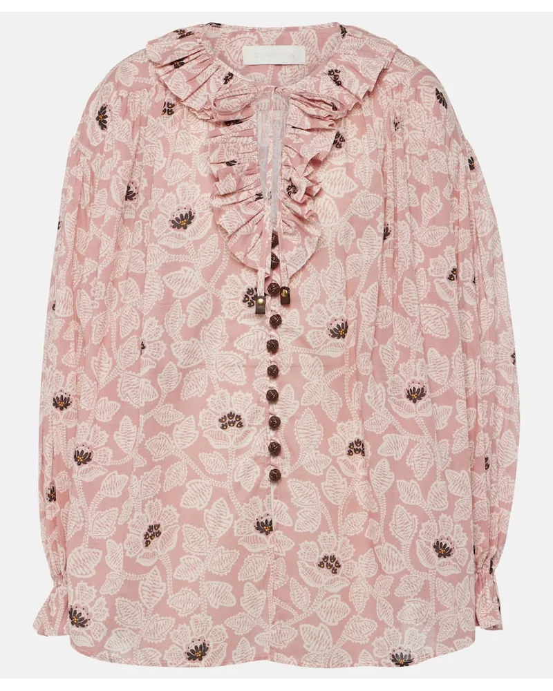 Zimmermann Top Ottie in cotone con stampa e volant Rosa