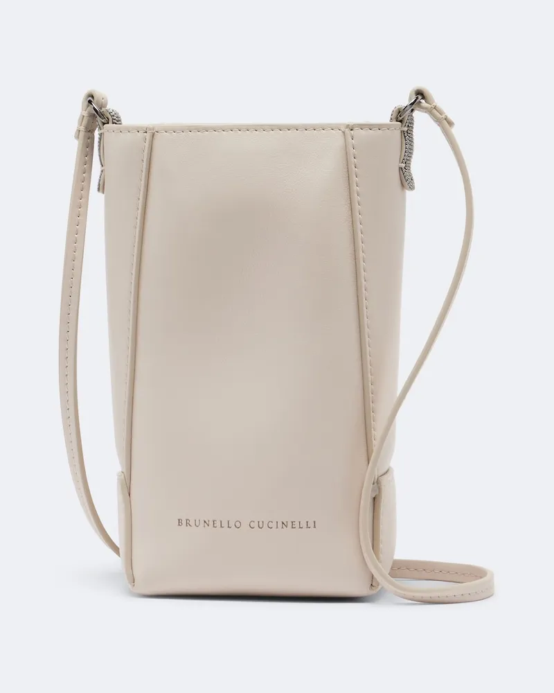 Brunello Cucinelli Portacellulare Duo Mini in suede con monili Beige
