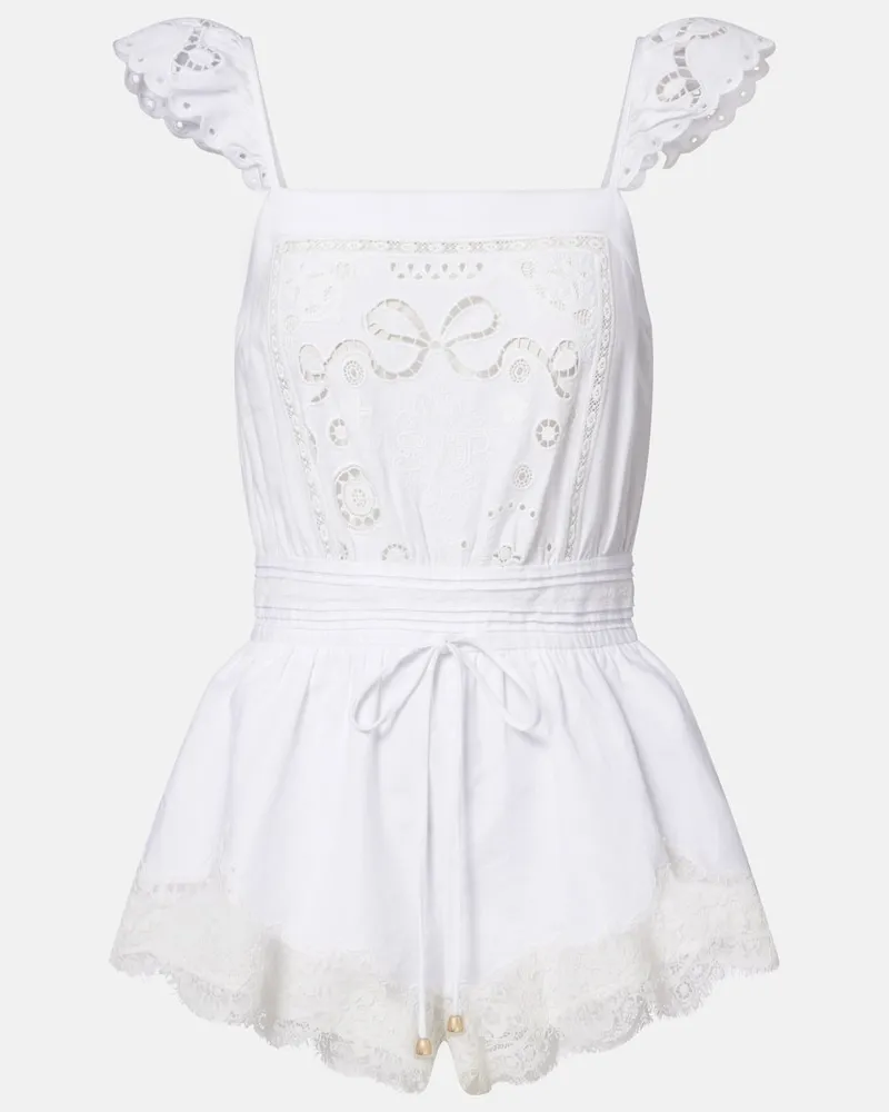 Self-Portrait Jumpsuit corta in organza di lino e cotone con ricamo Bianco