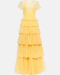 COSTARELLOS Abito lungo in tulle con ruches Giallo