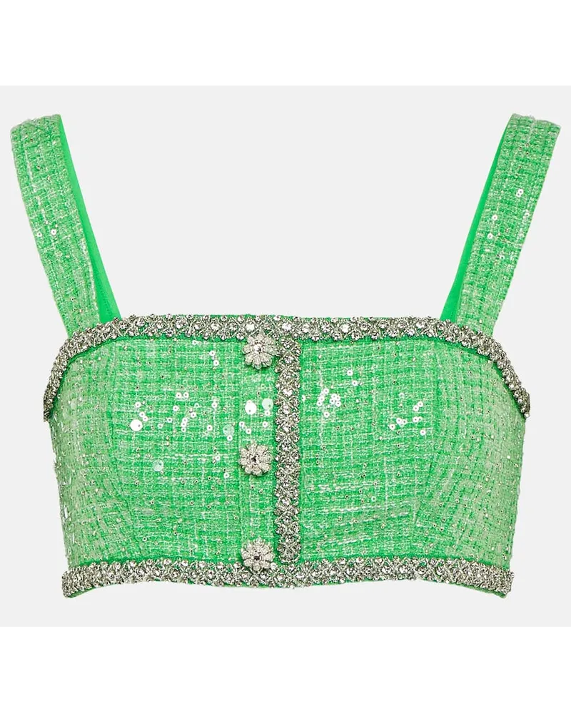 Self-Portrait Top cropped in bouclÃ© con paillettes Verde