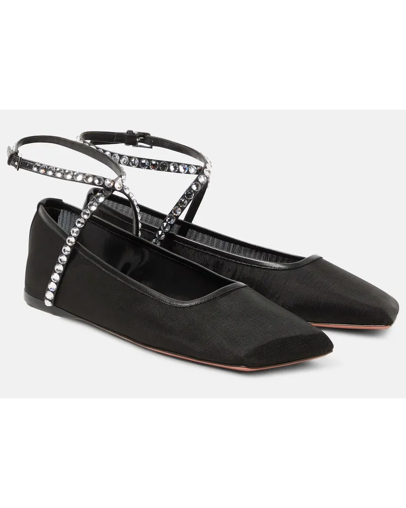 Amina Muaddi Ballerine Ane in mesh con cristalli Nero