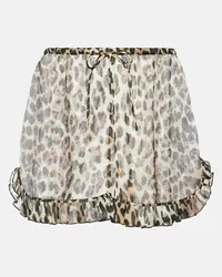 Ganni Shorts in chiffon con stampa leopardata Marrone