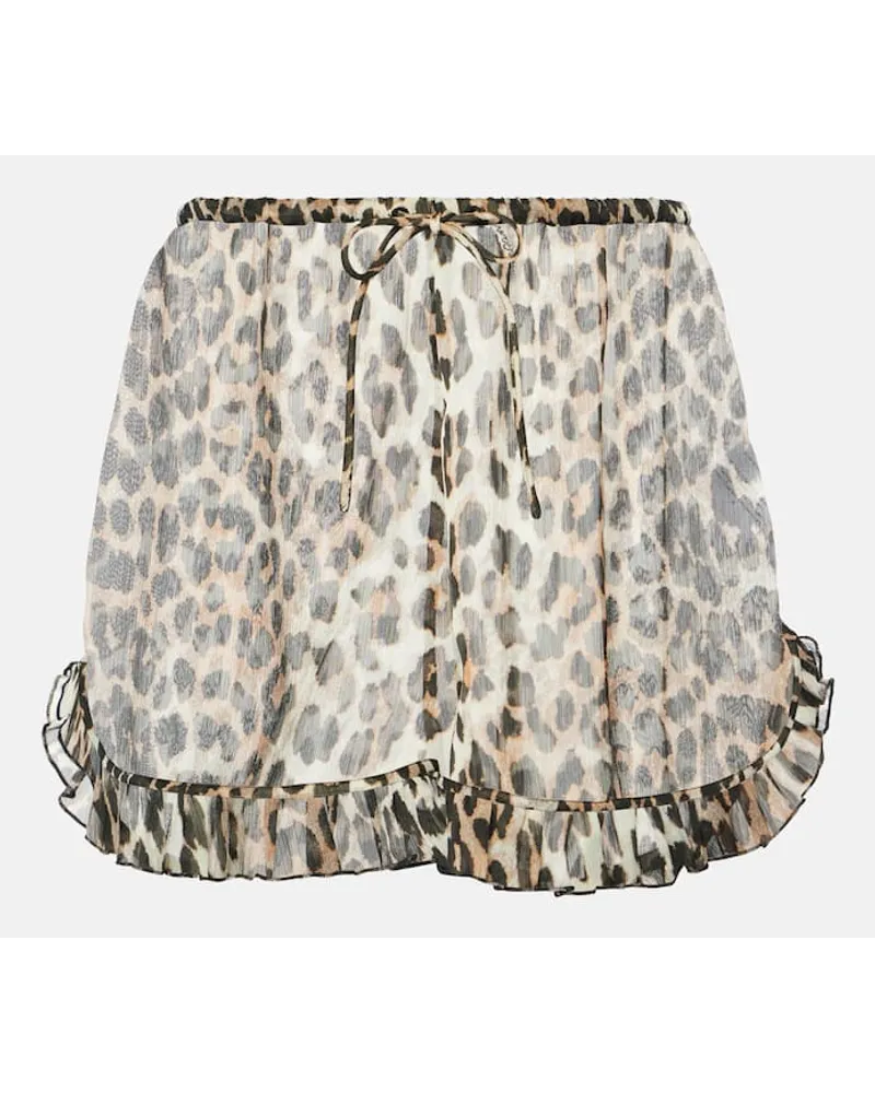 Ganni Shorts in chiffon con stampa leopardata Marrone