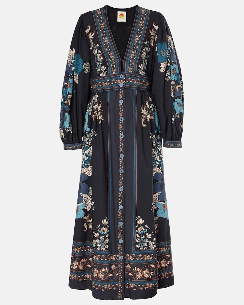 FARM Rio Abito midi Blossom Tapestry in cotone Nero