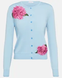 Oscar de la Renta Cardigan in lana vergine con ricamo Blu