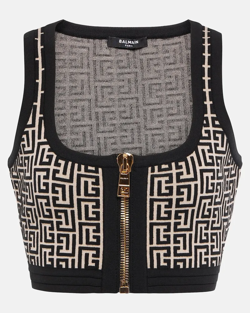 Balmain Top cropped in misto lana con monogramma Multicolore