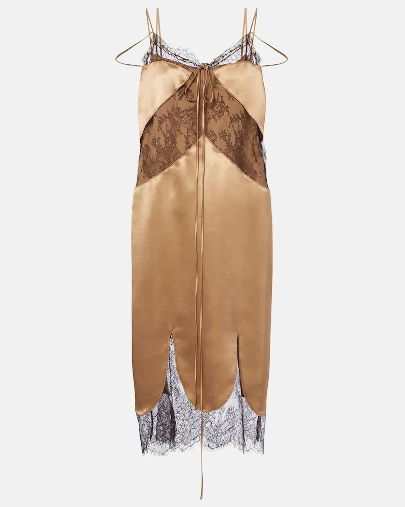 Ferragamo Abito midi in satin con pizzo Marrone
