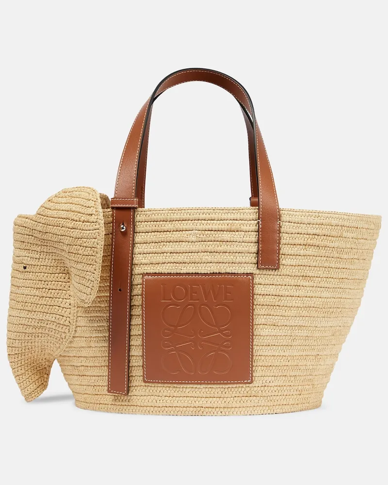 Loewe Shopper Elephant in rafia e pelle Beige