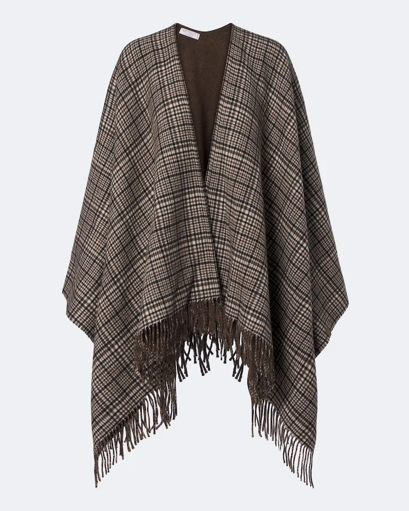 Brunello Cucinelli Poncho in cashmere a quadri Marrone