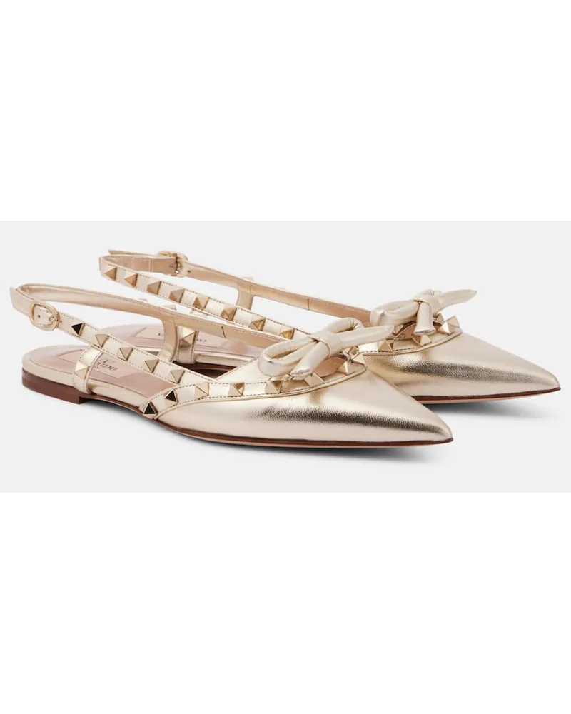 Valentino Garavani Ballerine Rockstud Bow in pelle metallizzata Oro