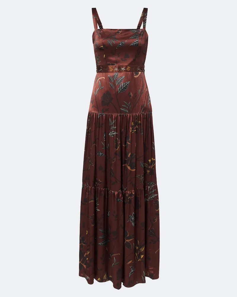 AGUA BENDITA Abito lungo Lima in satin con stampa Marrone