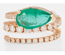 Anello Teardrop Spiral in oro 18kt con diamanti bianchi e smeraldi
