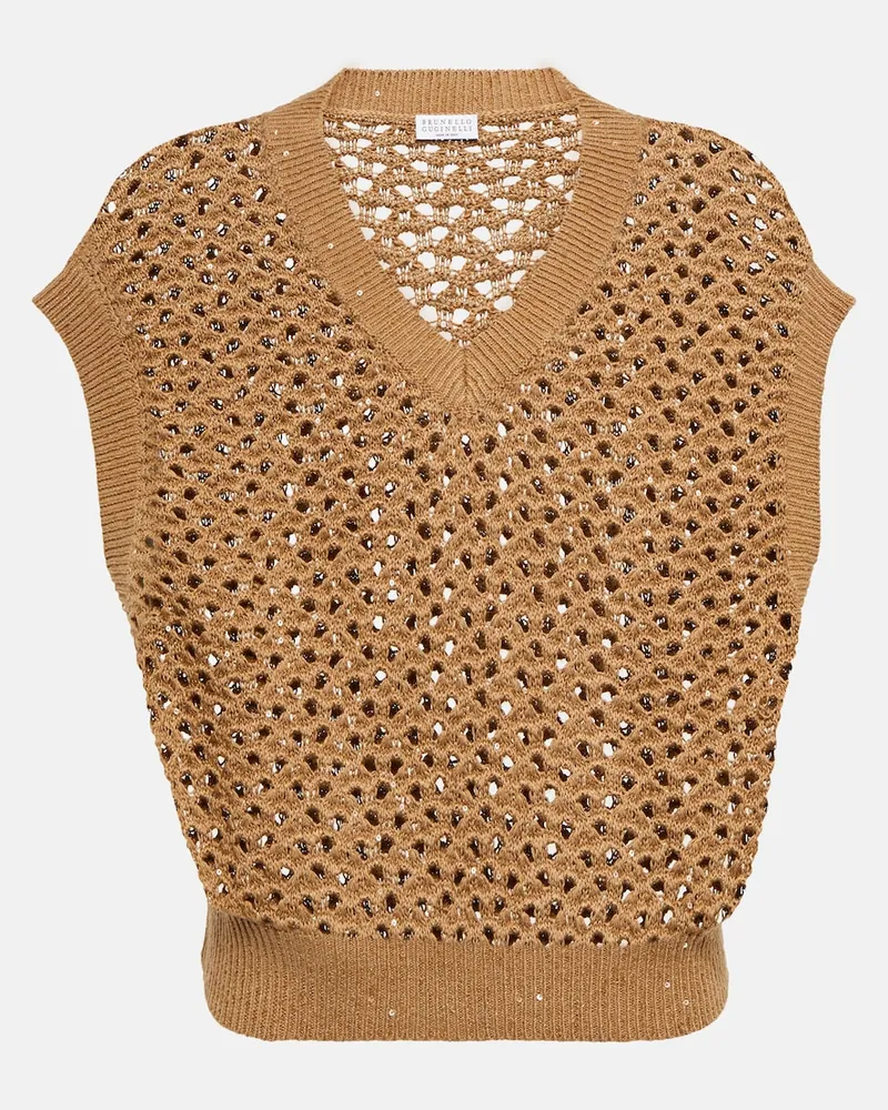 Brunello Cucinelli Top in cotone, lino e seta Marrone
