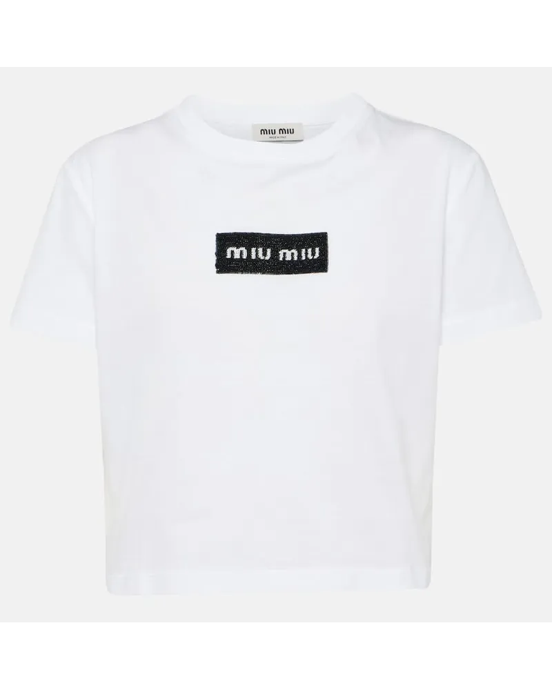 Miu Miu T-shirt in jersey di cotone con logo Bianco