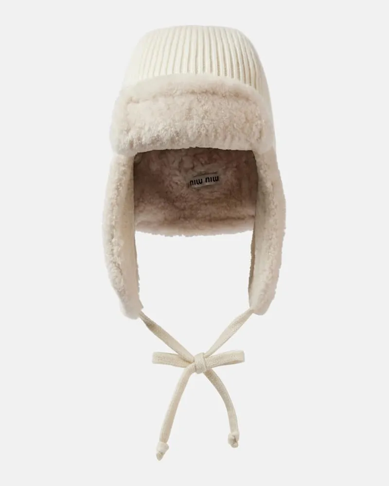 Miu Miu Cappello in lana e cashmere con shearling Bianco
