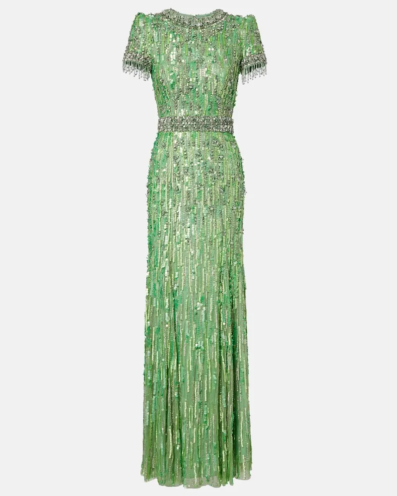 Jenny Packham Abito lungo Roxy con perline e paillettes Verde