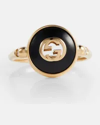 Gucci Anello Interlocking G in oro 18kt, onice e diamanti Oro