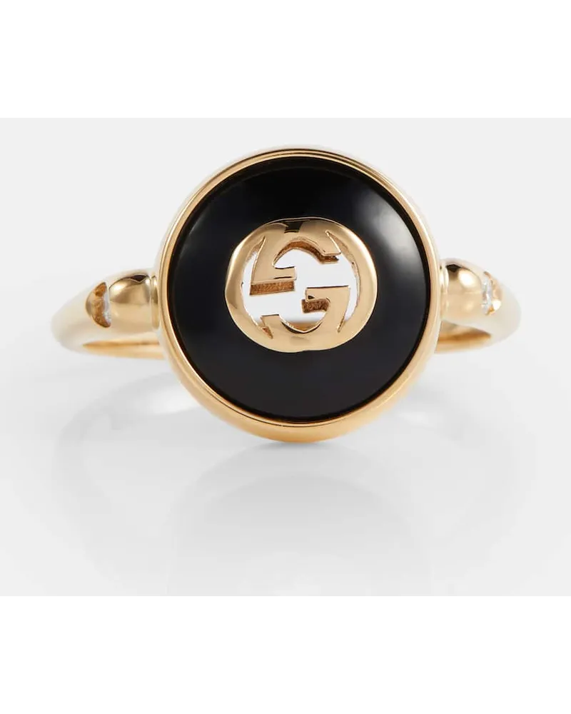 Gucci Anello Interlocking G in oro 18kt, onice e diamanti Oro