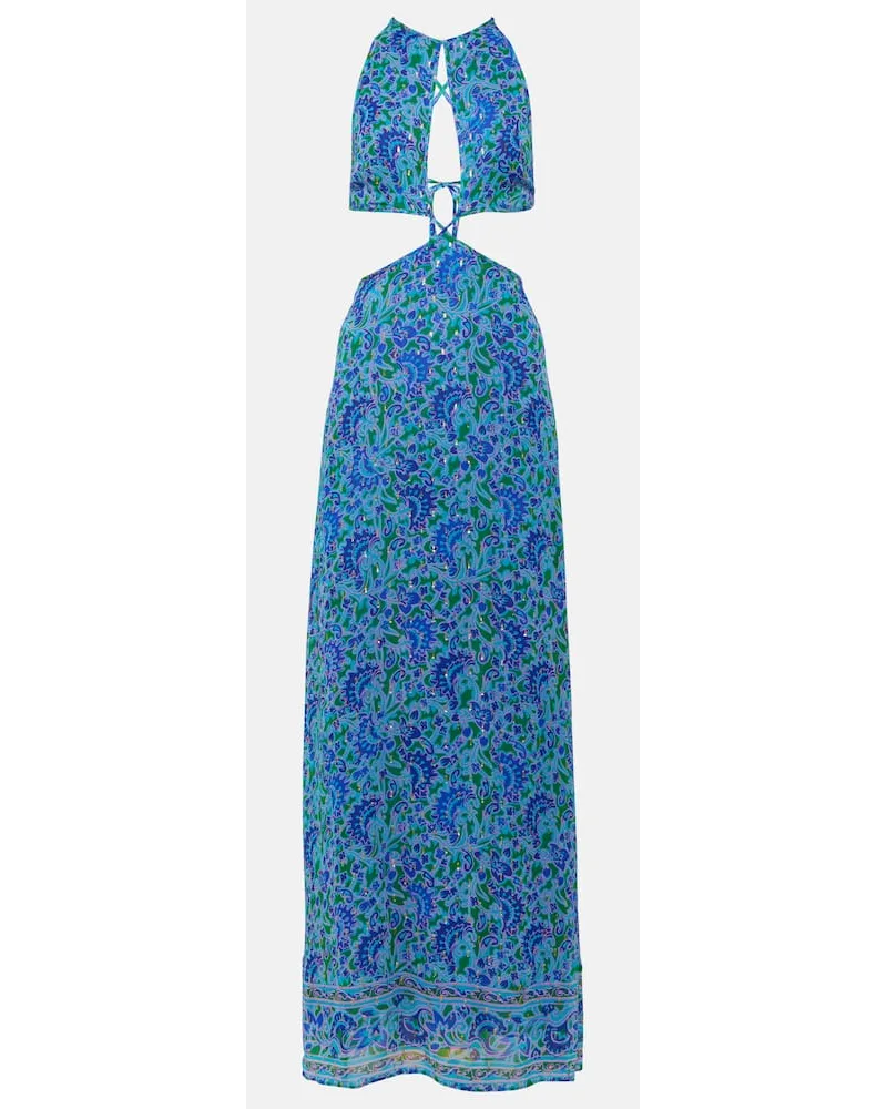 RIXO Abito lungo Lenny con cut-out e stampa Blu