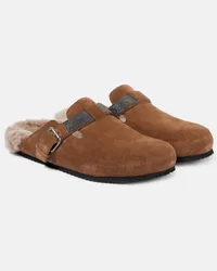 Brunello Cucinelli Mules in suede con shearling Marrone