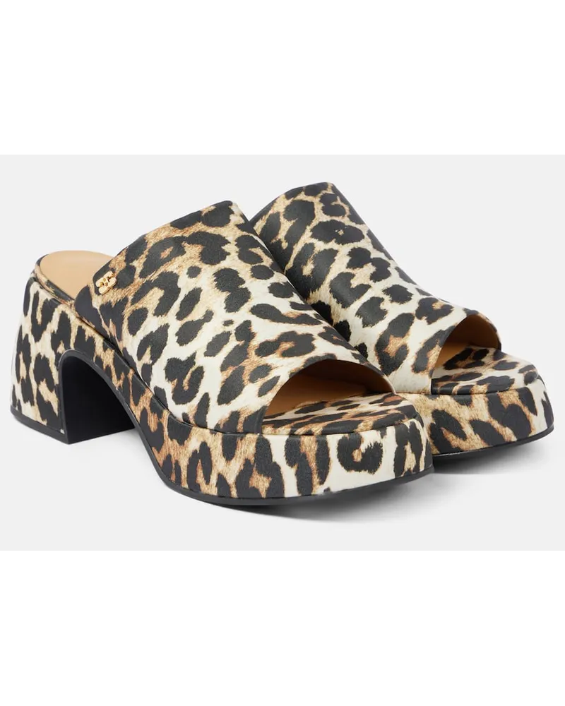 Ganni Sandali in raso con stampa leopardata Marrone