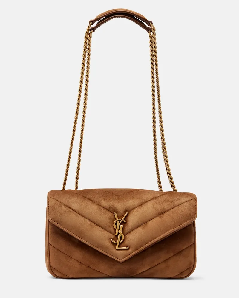 Saint Laurent Borsa a spalla Loulou Small in suede matelassé Marrone