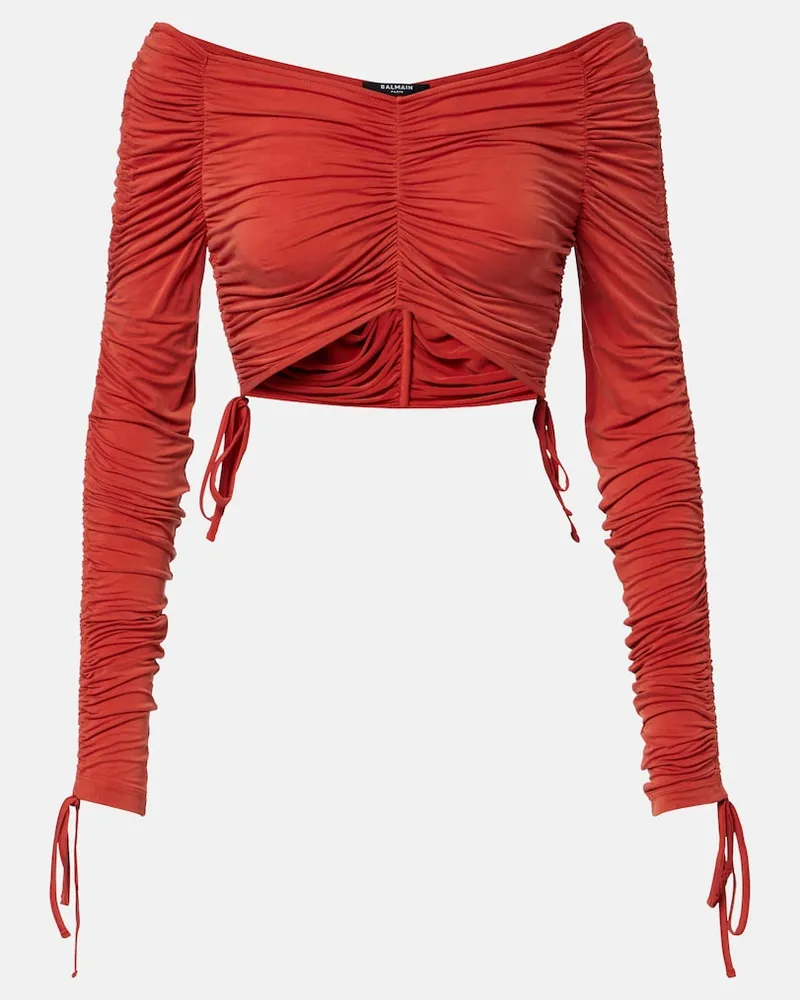 Balmain Top cropped in jersey arricciato Arancione