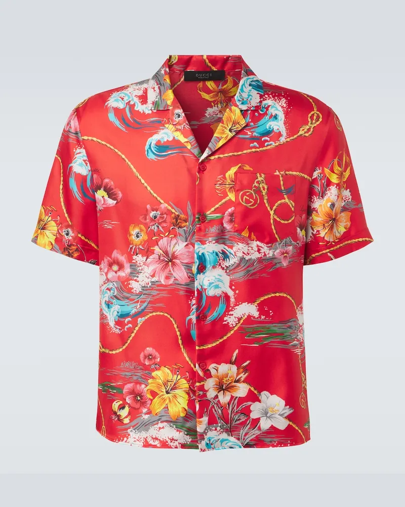 Gucci Camicia bowling in seta con stampa floreale Rosso