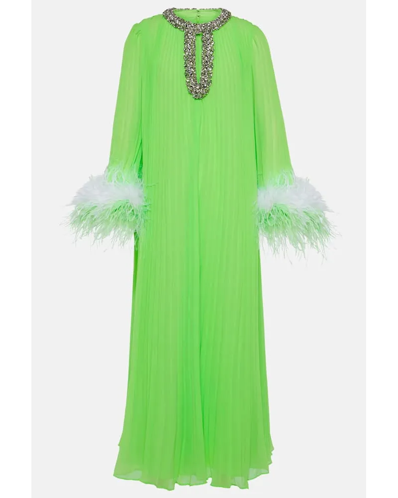Self-Portrait Abito lungo in chiffon con piume Verde