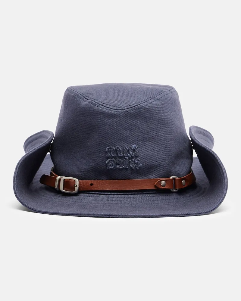 Miu Miu Cappello da cowboy in cotone con pelle Blu