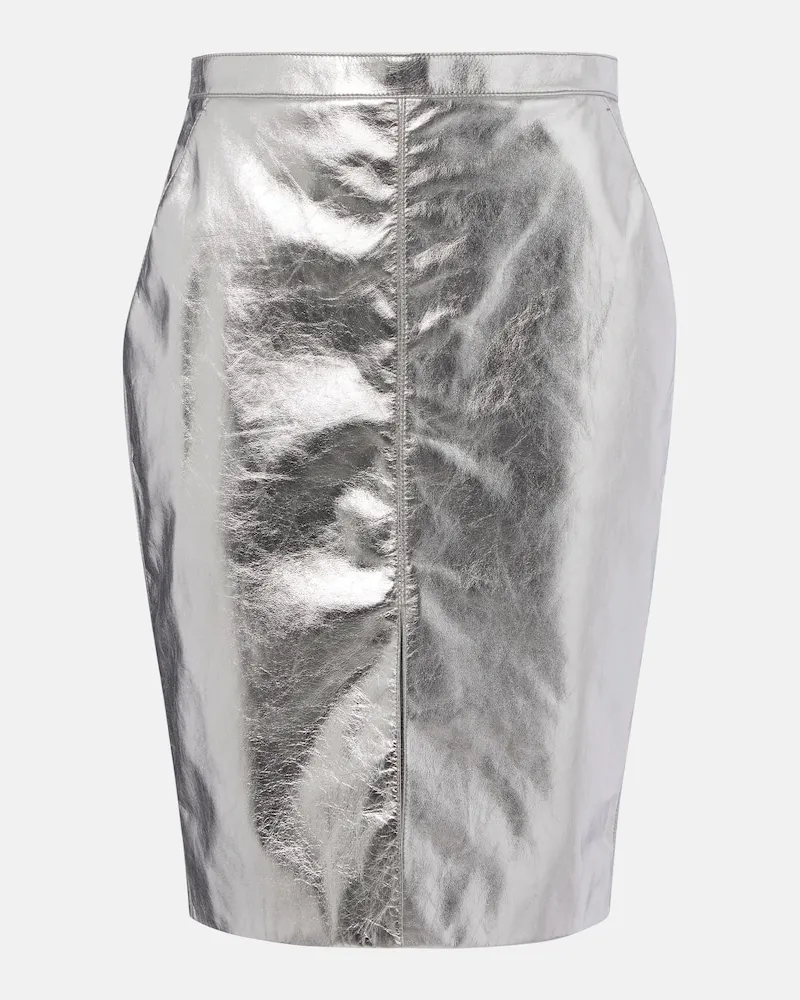 Saint Laurent Gonna a tubino in pelle metallizzata Argento