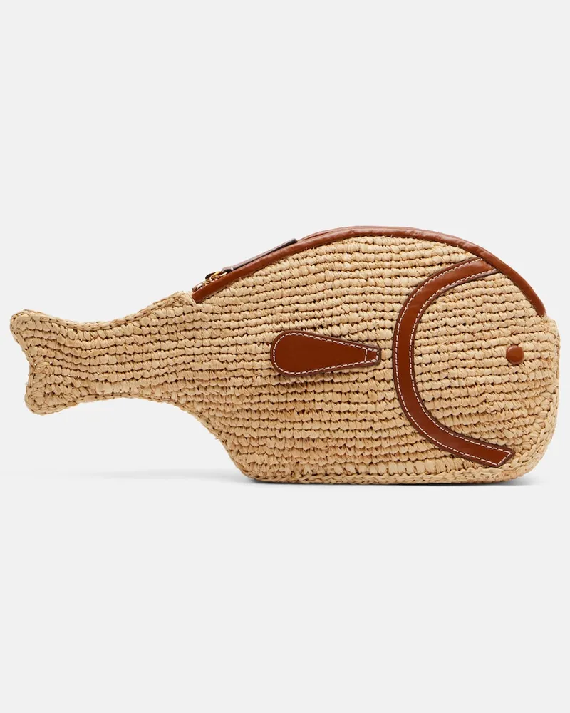 STAUD Clutch Pesce in rafia con pelle Beige
