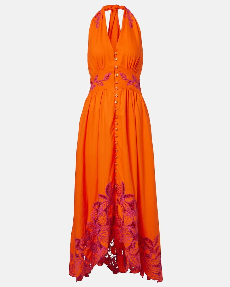 FARM Rio Abito midi in misto lino con scollo all'americana Arancione