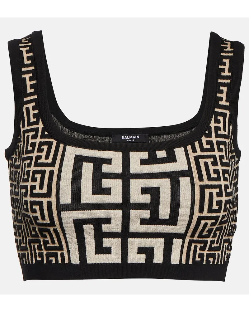 Balmain Top cropped in jacquard con monogramma Nero