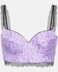 Versace Bralette in raso di seta e pizzo con logo Viola