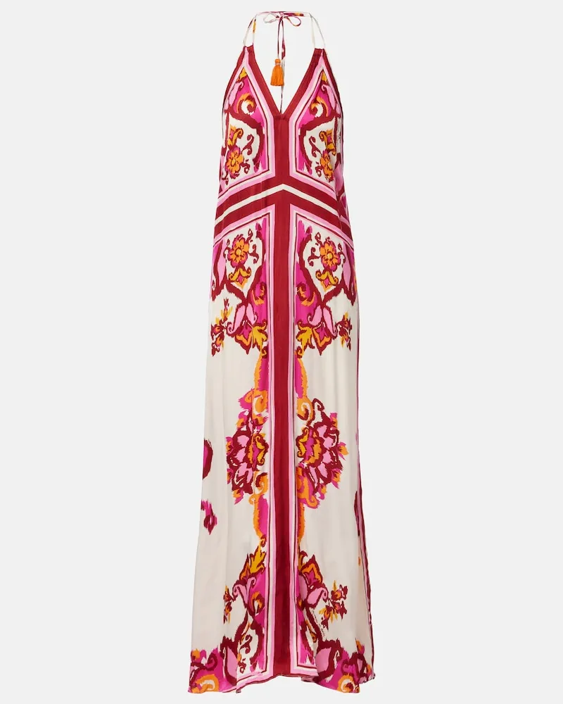 Poupette St Barth Abito lungo Mary in raso con stampa Rosa