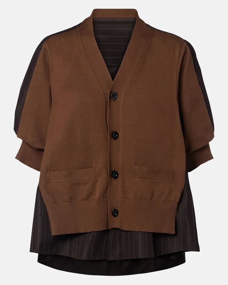 Sacai Cardigan in cotone a righe Marrone