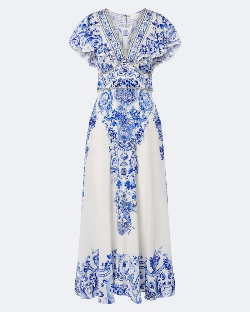 Camilla Abito lungo in seta con stampa floreale Blu