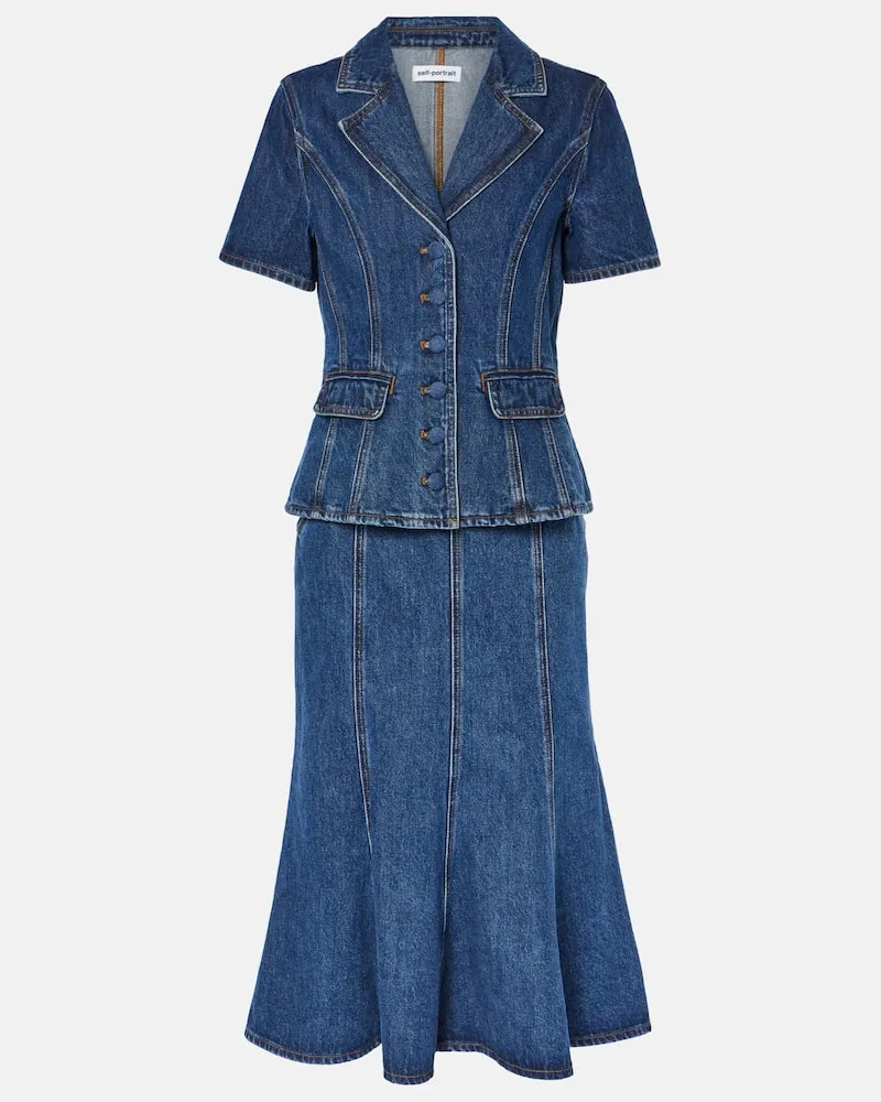 Self-Portrait Abito midi svasato in denim Blu