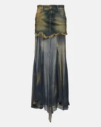 Blumarine Gonna lunga in denim e chiffon di seta Multicolore