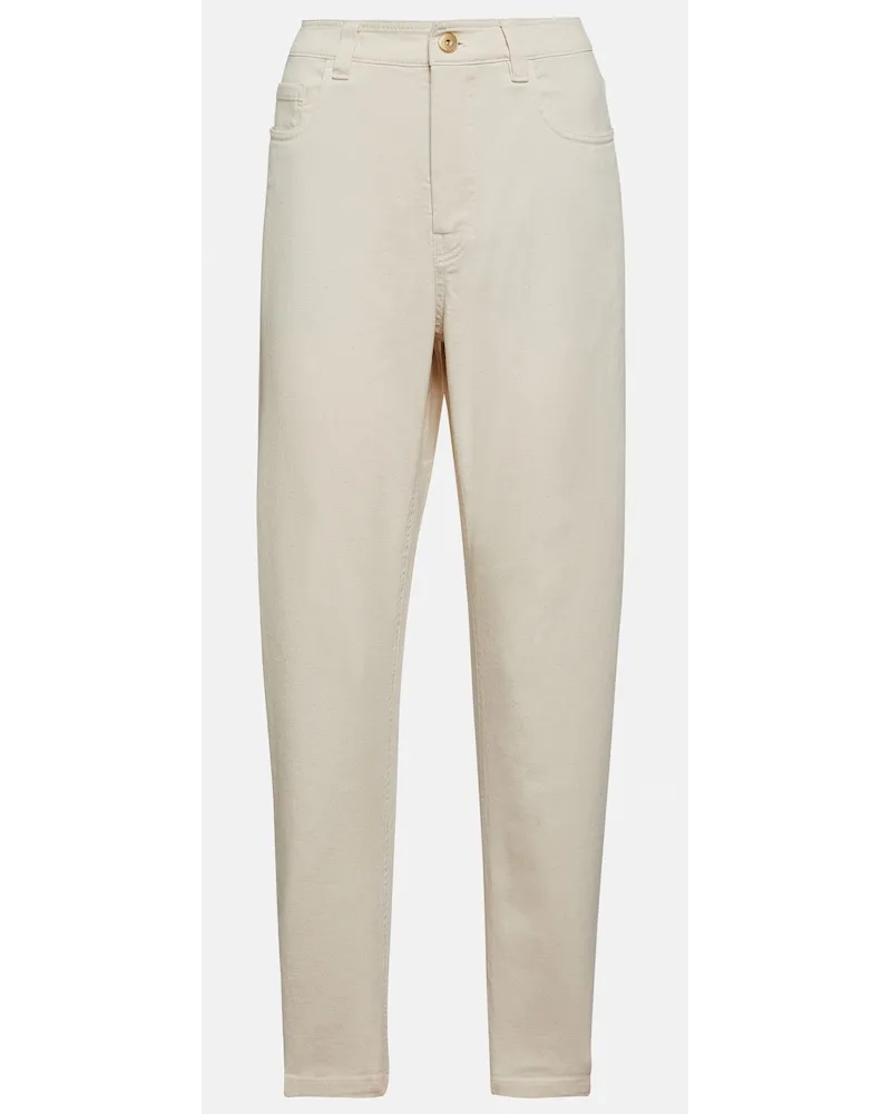 Brunello Cucinelli Pantaloni in cotone a vita alta Beige