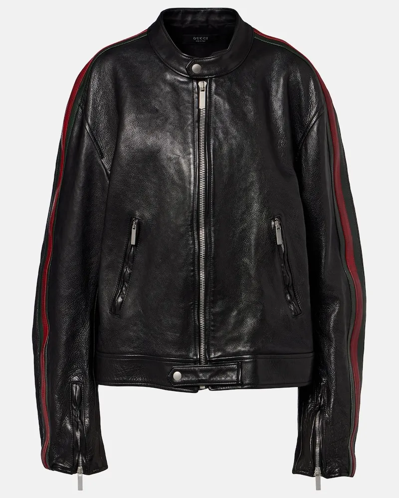 Gucci Giacca biker Web Stripe in pelle Nero