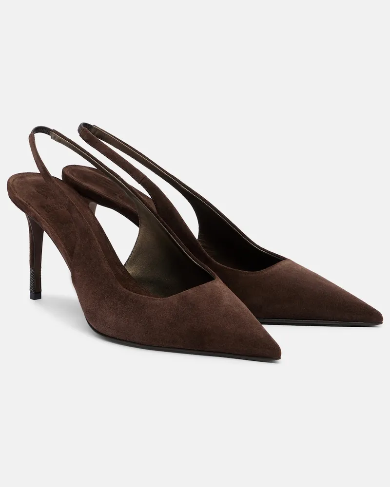 Brunello Cucinelli Pumps slingback in camoscio con monili Marrone