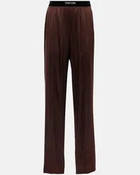 Tom Ford Pantaloni pigiama in raso di misto seta con logo Marrone