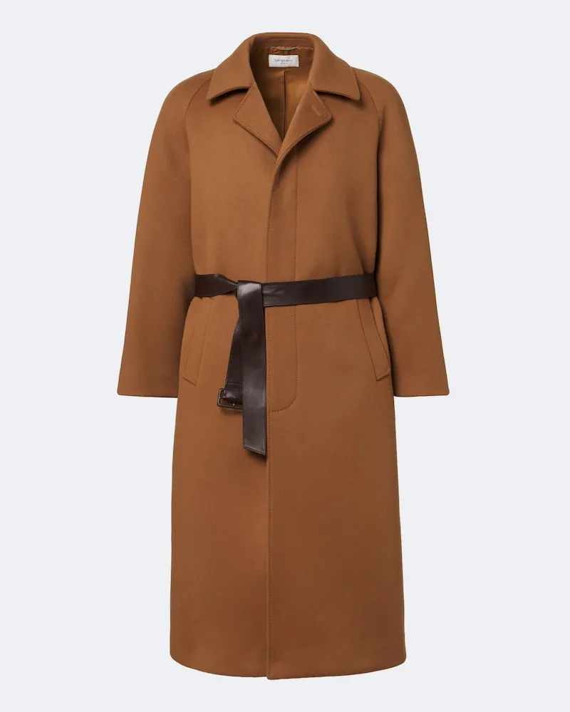 Saint Laurent Cappotto in lana con cintura Marrone