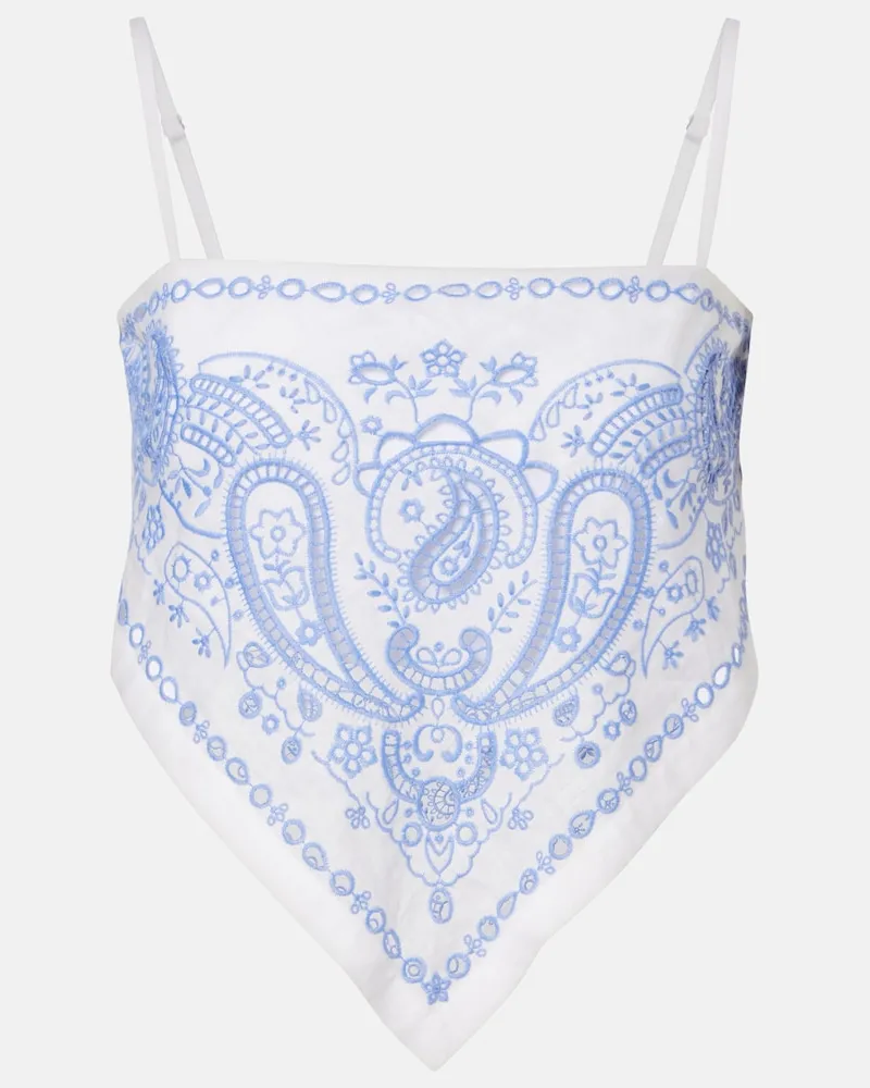 Self-Portrait Top in lino e cotone con ricamo Blu