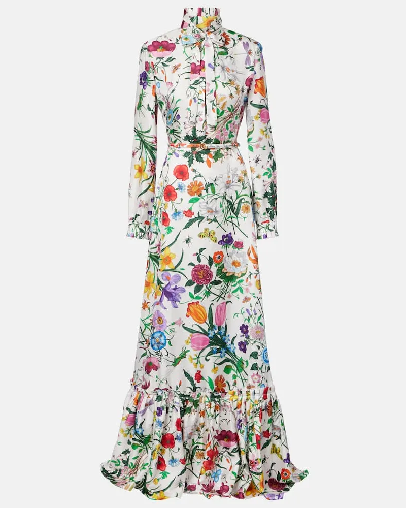 Gucci Abito lungo in twill di seta con cintura Multicolore