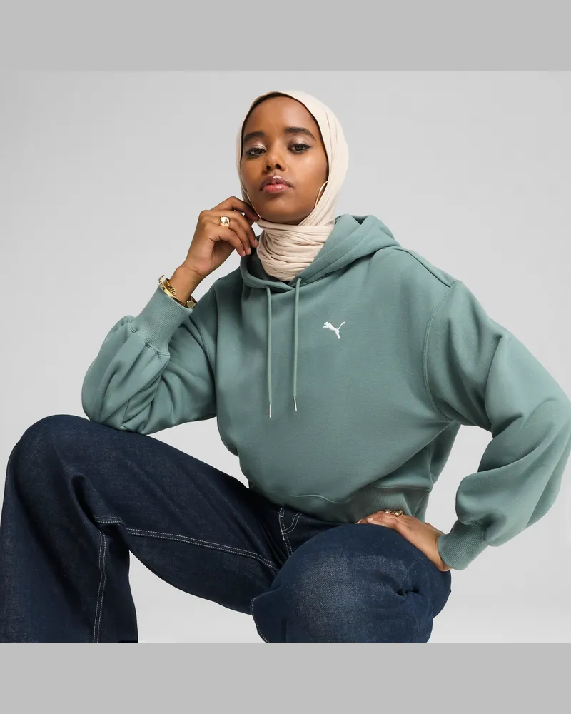 Puma Felpa con cappuccio cropped WARDROBE ESS vestibilità comoda da donna, Abbigliamento, Verde Green