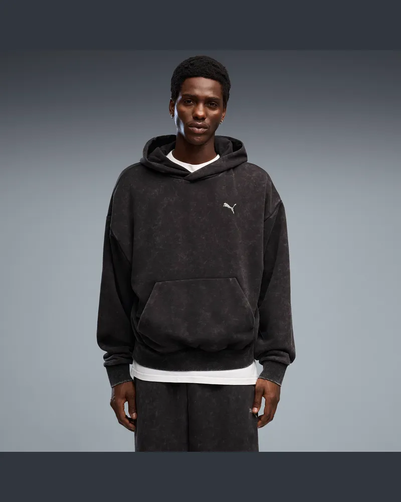 Puma Felpa con cappuccio con grafica boxy con effetto slavato unisex, Abbigliamento, Nero Black